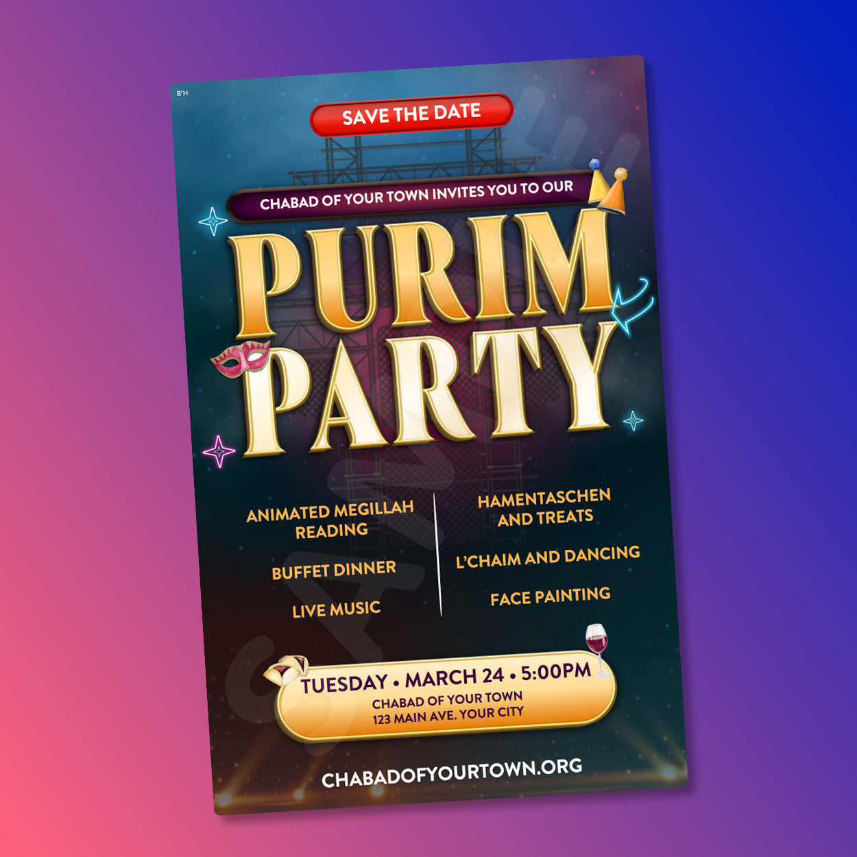 Beautiful Customizable Purim Party Flyer For Your Upcoming Event.