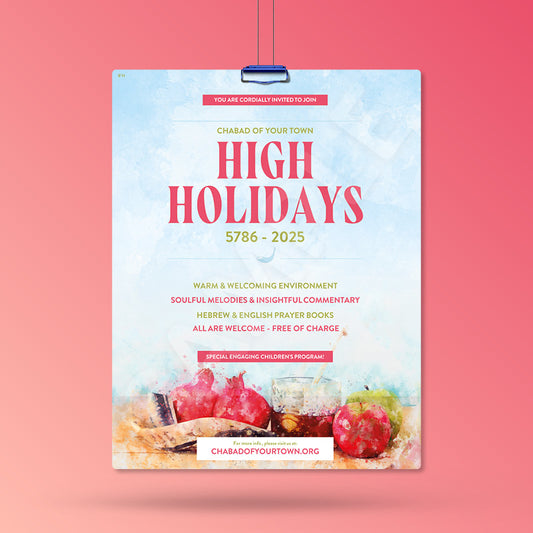 Promotional poster for High Holidays event with text and images of food on a pink background